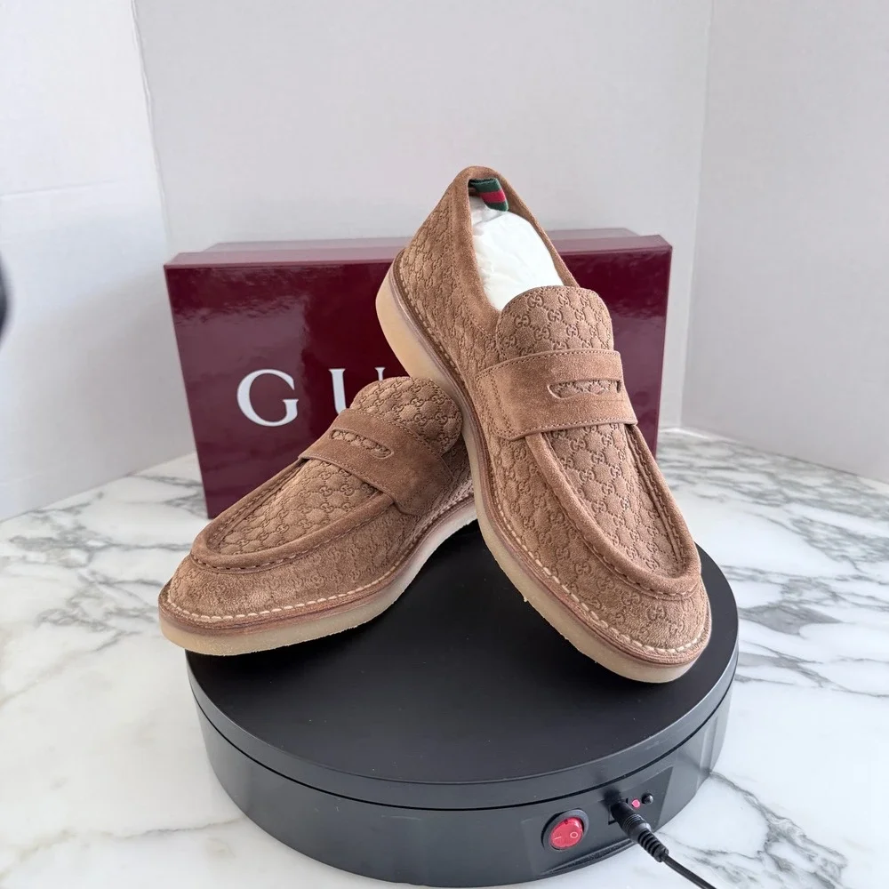 GUCCI  GG Moreau Moccasin Brown Suede Loafer Shoe Penny Strap, G 8+